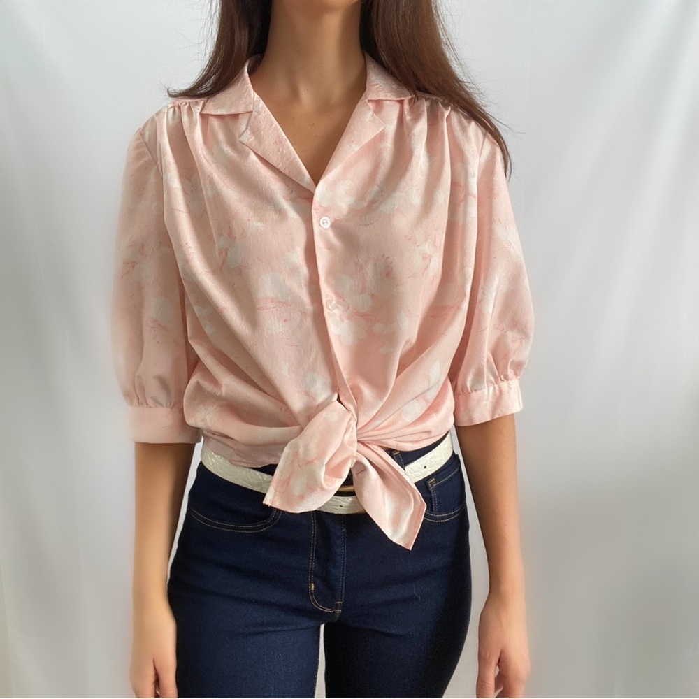 Vintage 70s home made pastel pink collared button up blouse puff sleeve - Picture 2 of 5